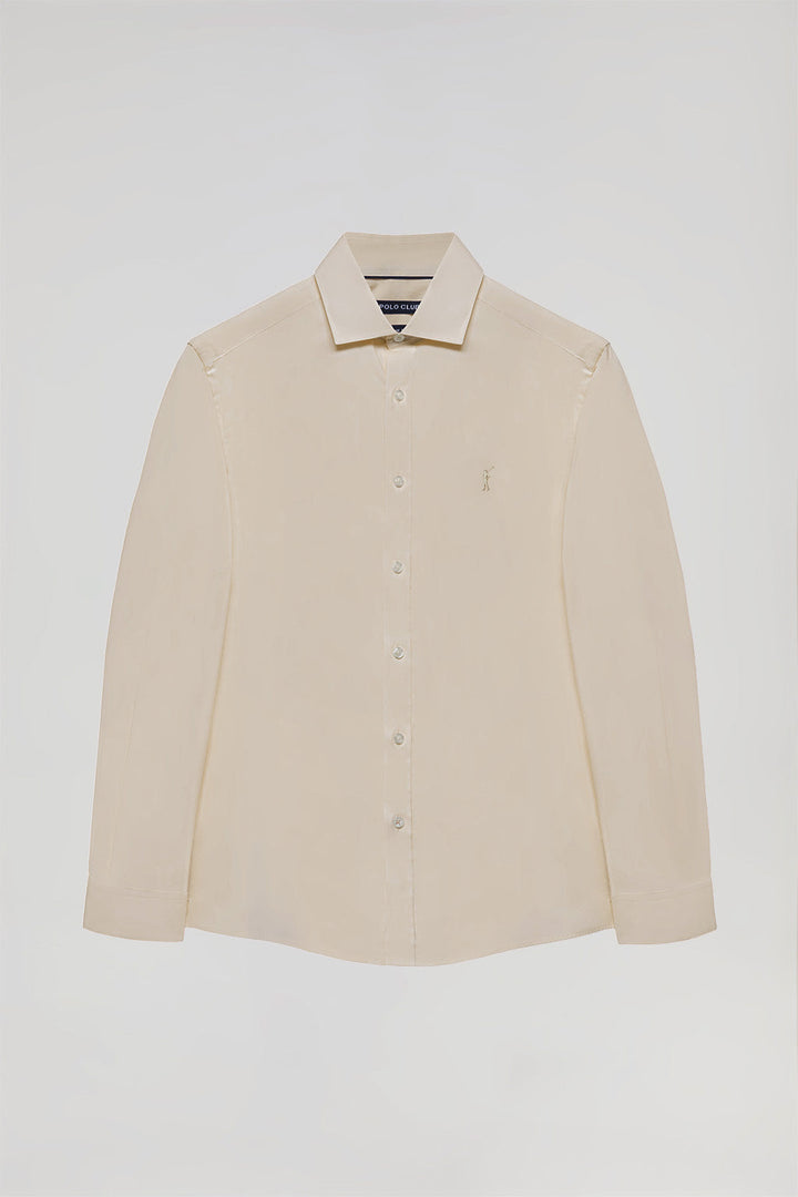 Beige slim-fit poplin shirt with Rigby Go logo
