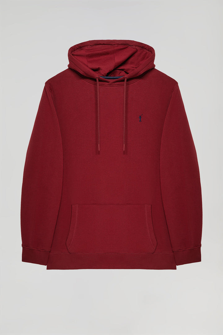 Maroon hoodie with pockets and Rigby Go logo