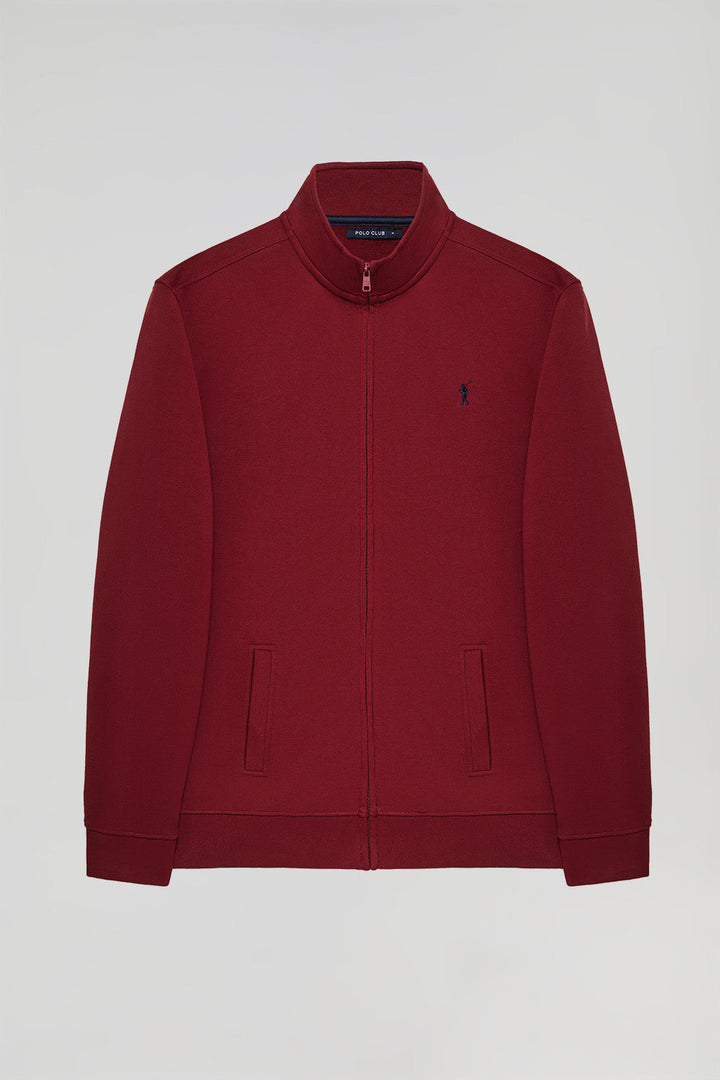 Maroon high-neck open sweatshirt with Rigby Go logo