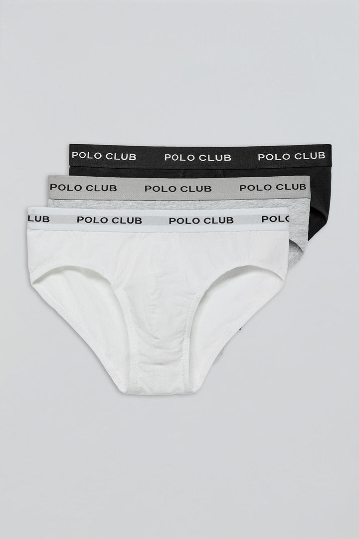 Briefs with Polo Club detail 3 pack (black, grey and white)