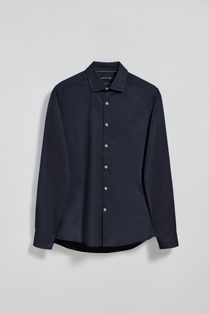 Navy-blue slim-fit poplin shirt with Polo Club embroidered logo