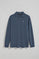 Denim-blue long-sleeve polo shirt with three buttons and Rigby Go logo