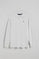 White long-sleeve polo shirt with three buttons and Rigby Go logo