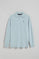 Light-blue long-sleeve polo shirt with three buttons and Rigby Go logo