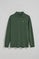 Green long-sleeve polo shirt with three buttons and Rigby Go logo