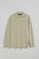 Stone-grey long-sleeve polo shirt with three buttons and Rigby Go logo