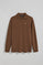 Brown long-sleeve polo shirt with three buttons and Rigby Go logo