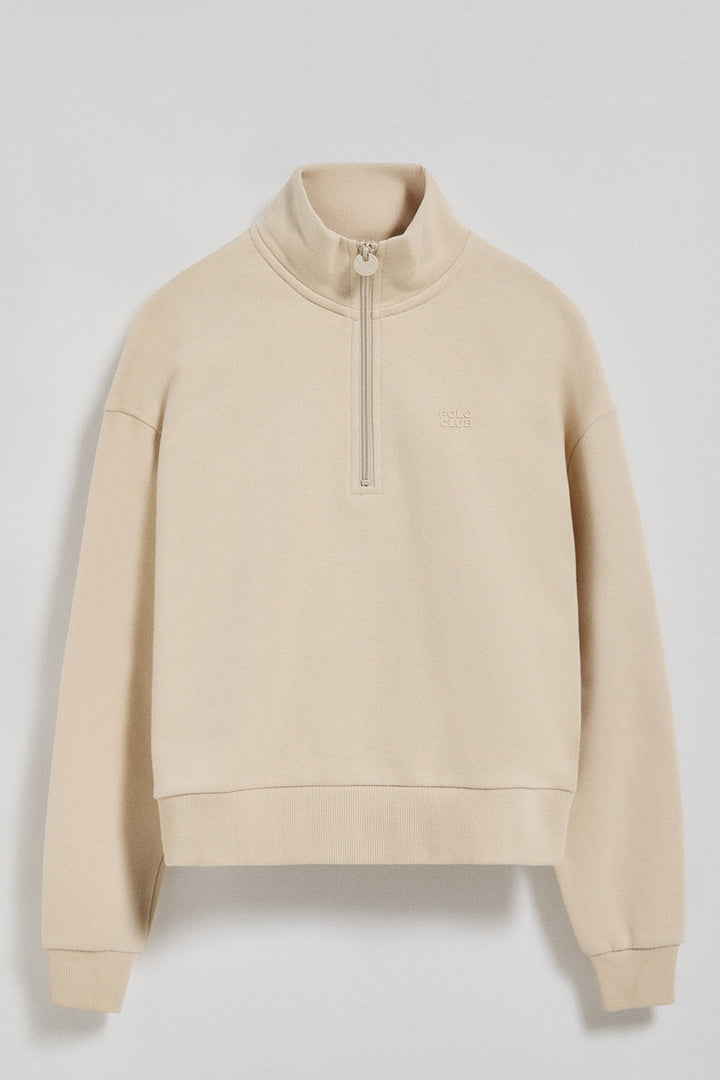 Beige half-zip sweatshirt with Polo Club rubber logo