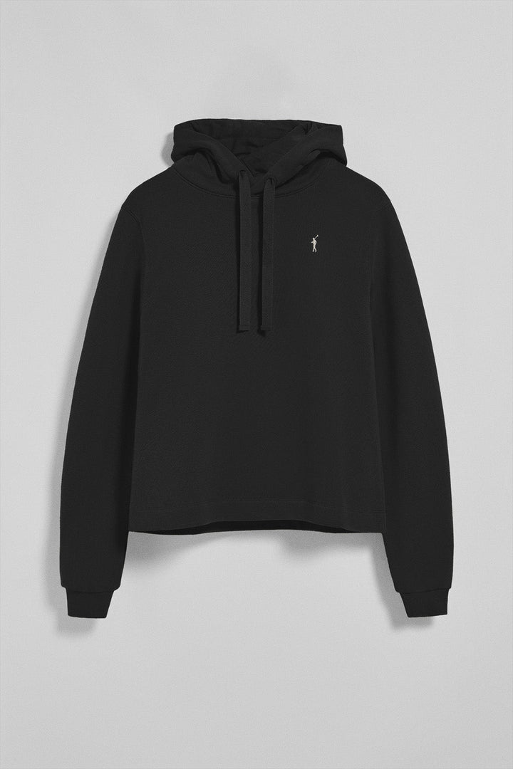Black hoodie with Rigby Go embroidered logo