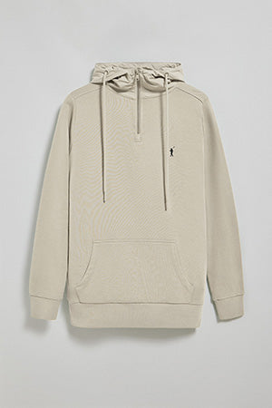 Beige half-zip hoodie with Rigby Go logo