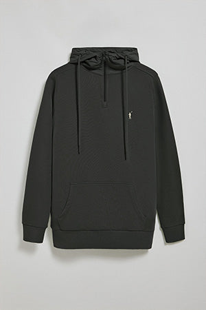 Black half-zip hoodie with Rigby Go logo