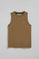 Brown sleeveless basic tee with round neck and Rigby Go embroidered logo