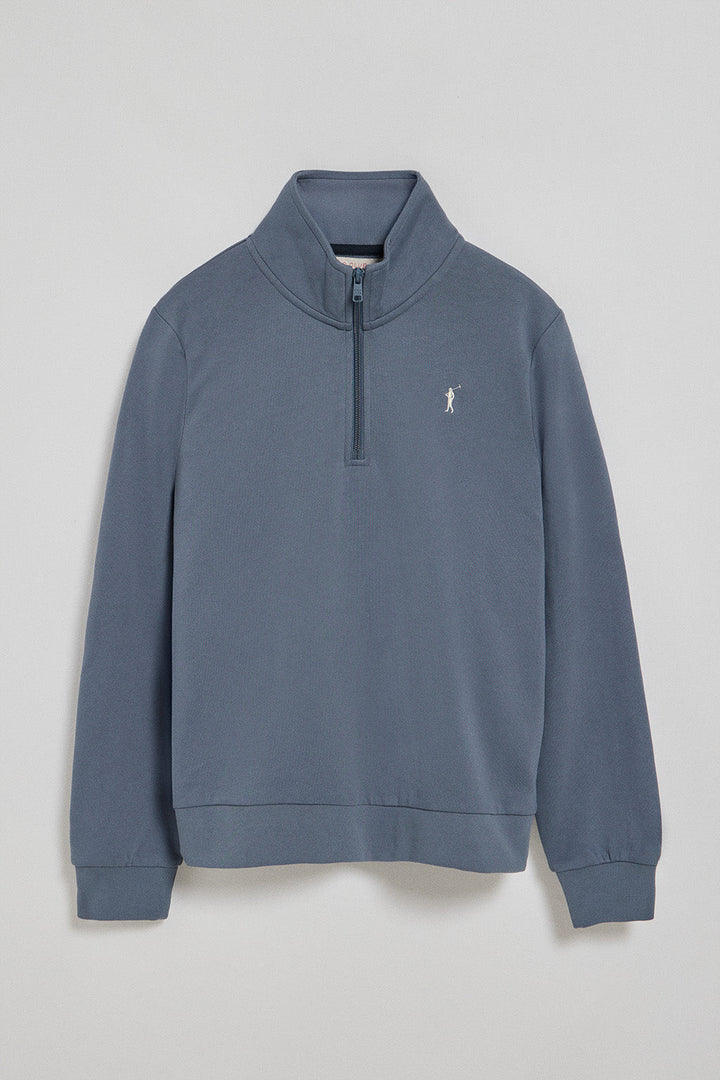 Denim-blue half-zip sweatshirt with Rigby Go logo