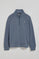 Denim-blue half-zip sweatshirt with Rigby Go logo