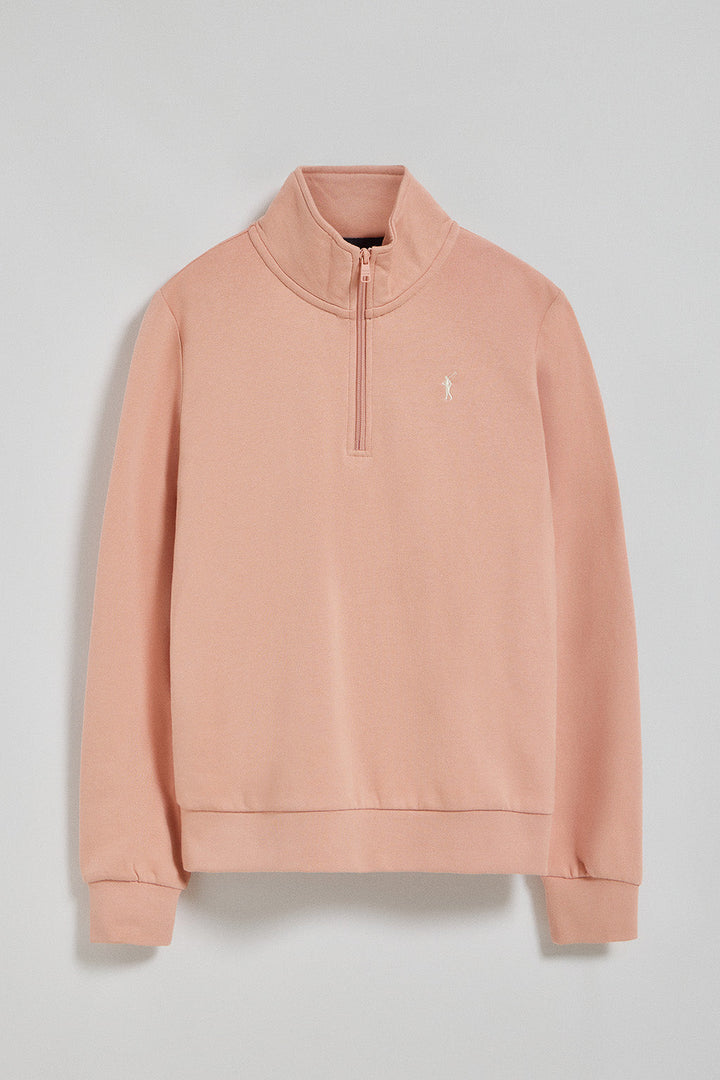 Pale-pink half-zip sweatshirt with Rigby Go logo