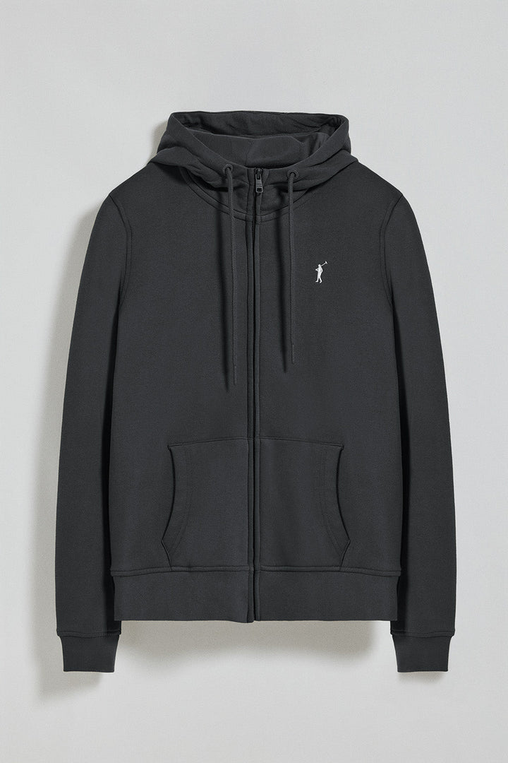 Black hoodie with zip and Rigby Go embroidery
