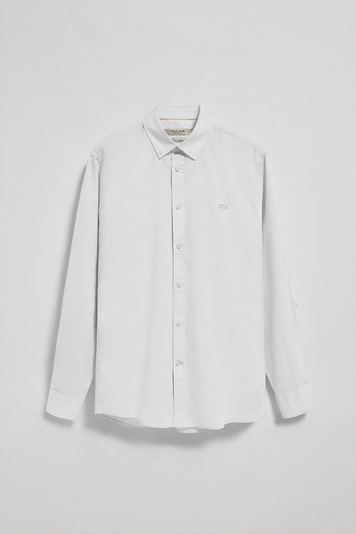 White regular-fit shirt in linen and cotton with embroidered logo