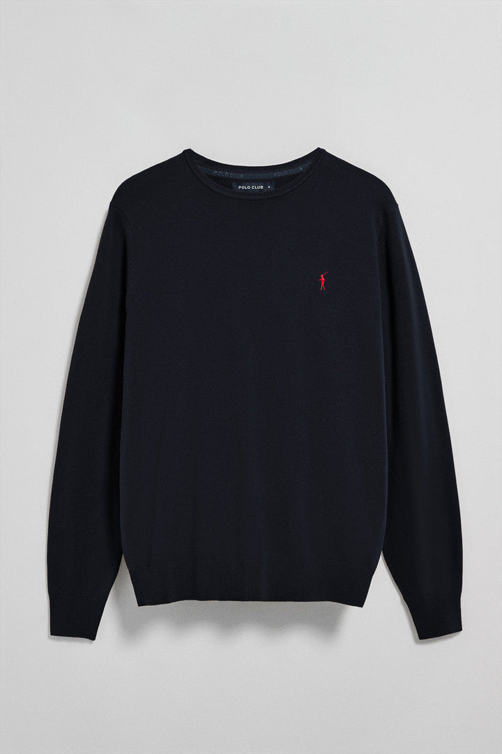 Navy-blue round-neck knit jumper with Rigby Go embroidery