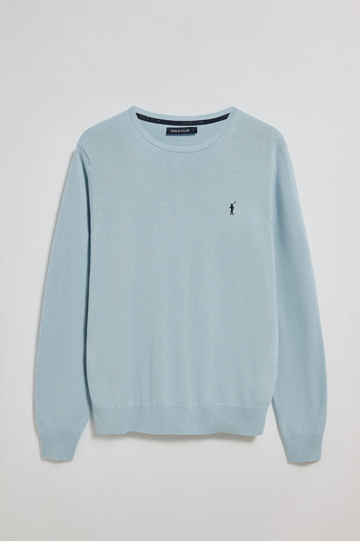 Light-blue round-neck knit jumper with Rigby Go embroidery