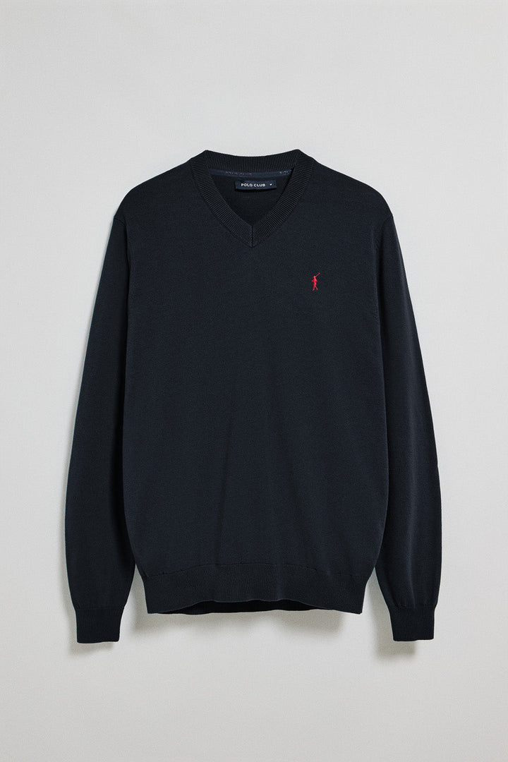 Navy-blue V-neck knit jumper with Rigby Go embroidery