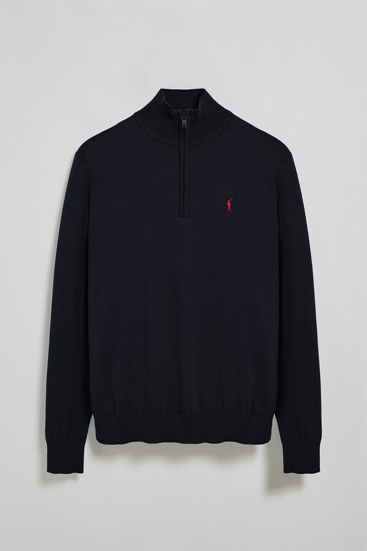 Navy-blue knit jumper with zip and Rigby Go embroidered logo