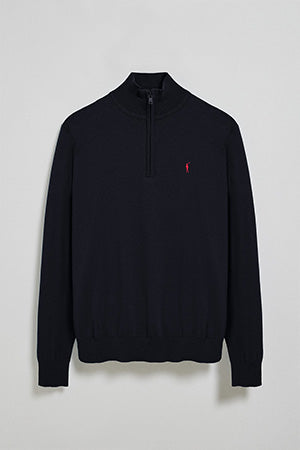 Navy-blue knit jumper with zip and Rigby Go embroidered logo