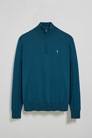 Greenish-blue knit jumper with zip and Rigby Go embroidered logo