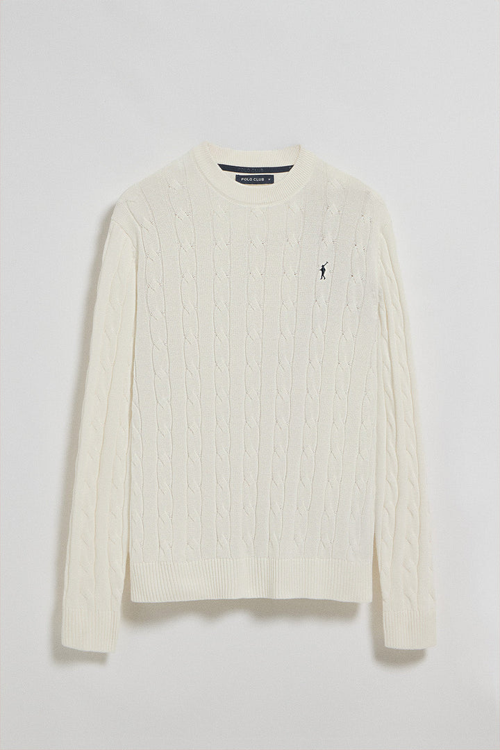 Beige round-neck cable-knit jumper with Rigby Go embroidery