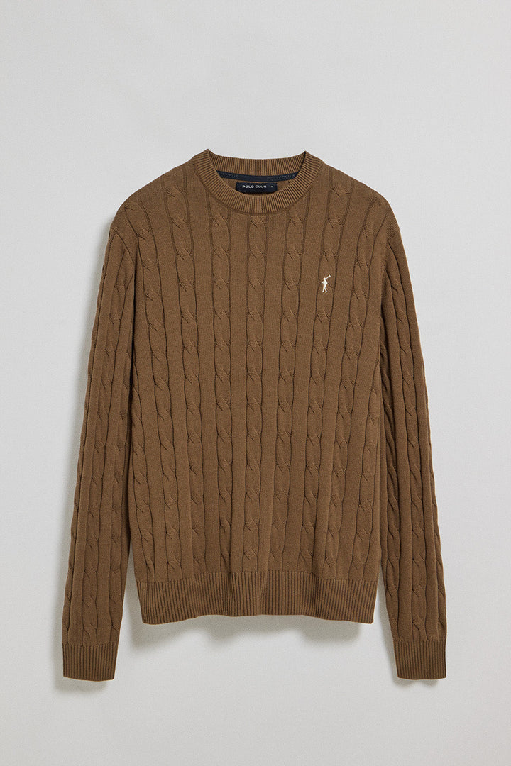 Mocha round-neck cable-knit jumper with Rigby Go embroidery