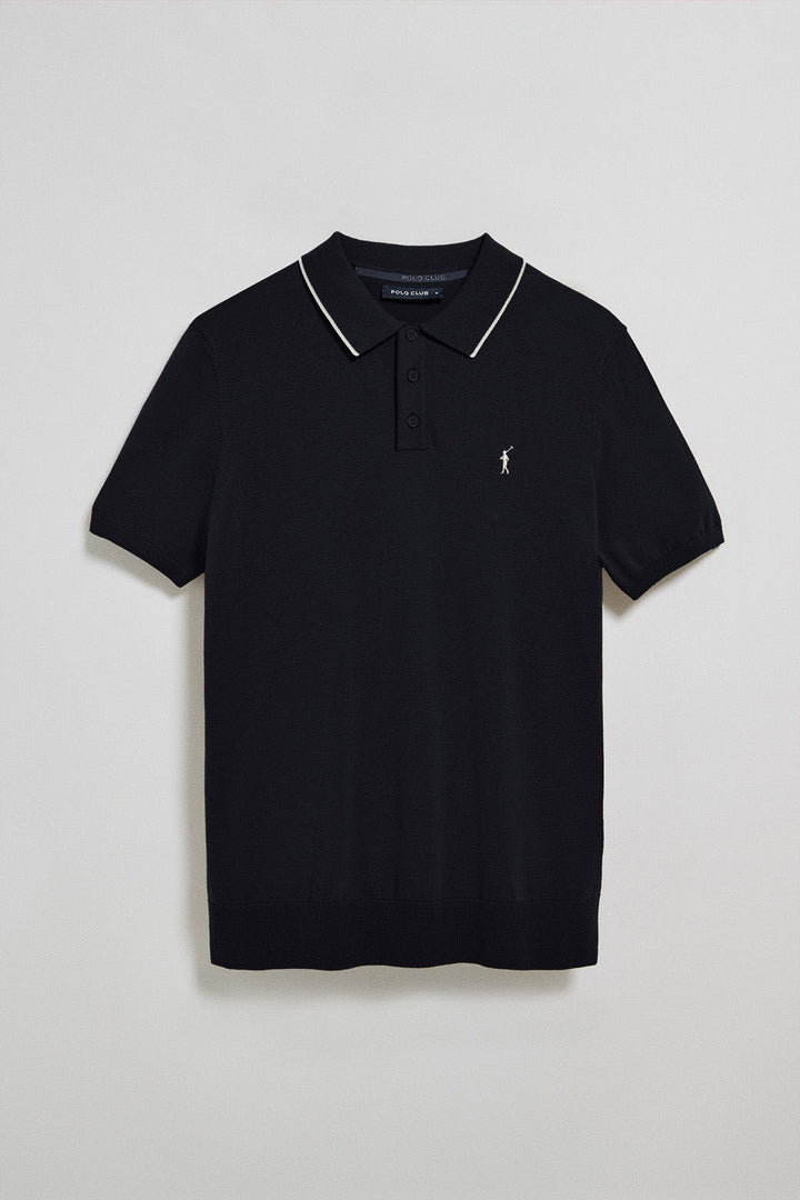 Navy-blue knitted polo shirt with buttons and Rigby Go embroidery