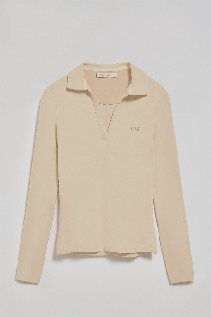 Beige buttonless polo shirt Pia with rubber Polo Club logo