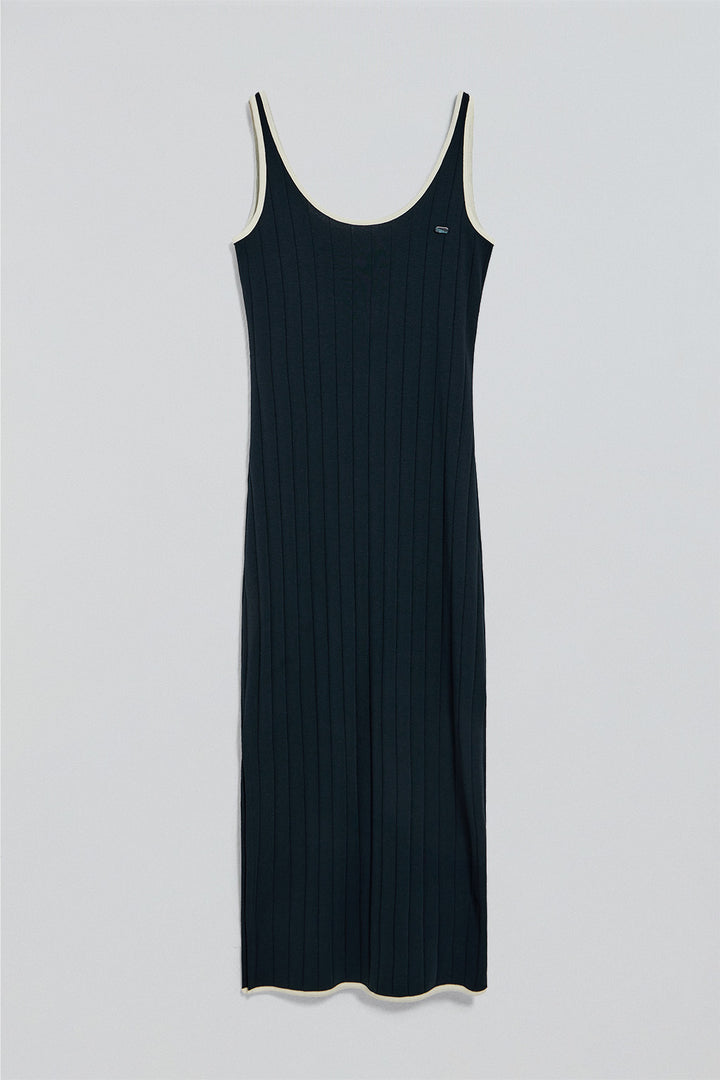 Navy-blue ribbed strappy dress with pearly button