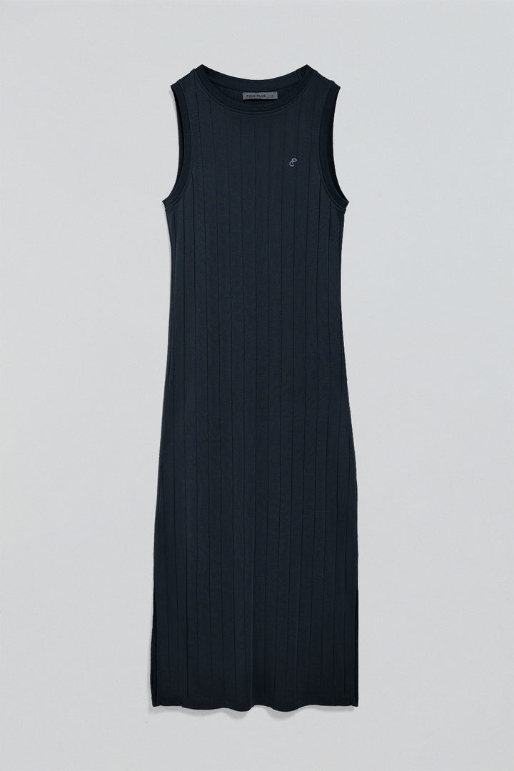 Navy-blue ribbed long dress with embroidered monogram