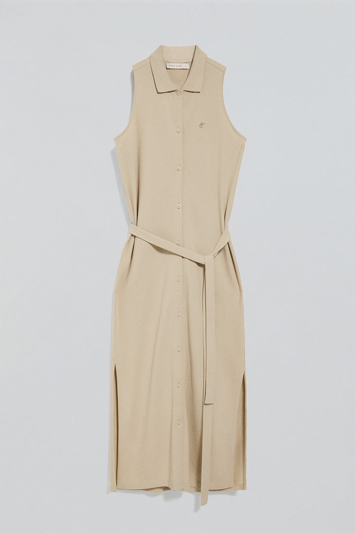 Beige sleeveless buttoned dress with embroidered monogram