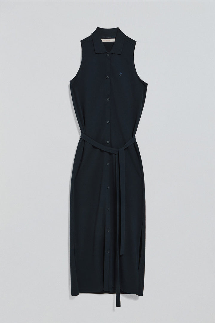 Navy-blue sleeveless buttoned dress with embroidered monogram