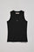 Black sleeveless basic tee with round neck and Rigby Go embroidered logo