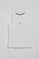 White sleeveless basic tee with round neck and Rigby Go embroidered logo