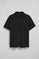 Black short-sleeve polo shirt with three buttons and Rigby Go embroidered logo