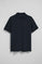 Navy-blue short-sleeve polo shirt with three buttons and Rigby Go embroidered logo