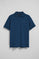Indigo-blue short-sleeve polo shirt with three buttons and Rigby Go embroidered logo