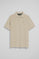 Beige short-sleeve polo shirt with three buttons and Rigby Go embroidered logo