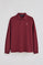 Maroon long-sleeve polo shirt with three buttons and Rigby Go embroidery