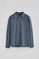 Denim-blue long-sleeve polo shirt with two buttons and branded patch