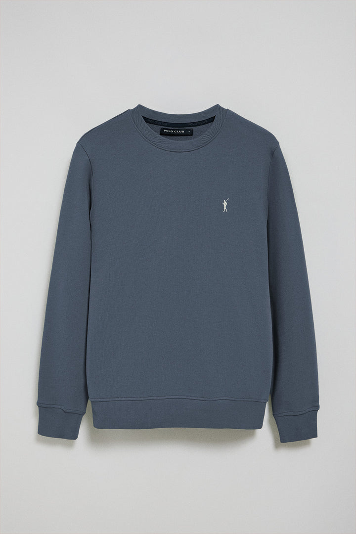 Denim-blue round-neck relaxed sweatshirt with Rigby Go embroidery