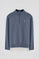 Denim-blue half-zip sweatshirt with Rigby Go embroidery