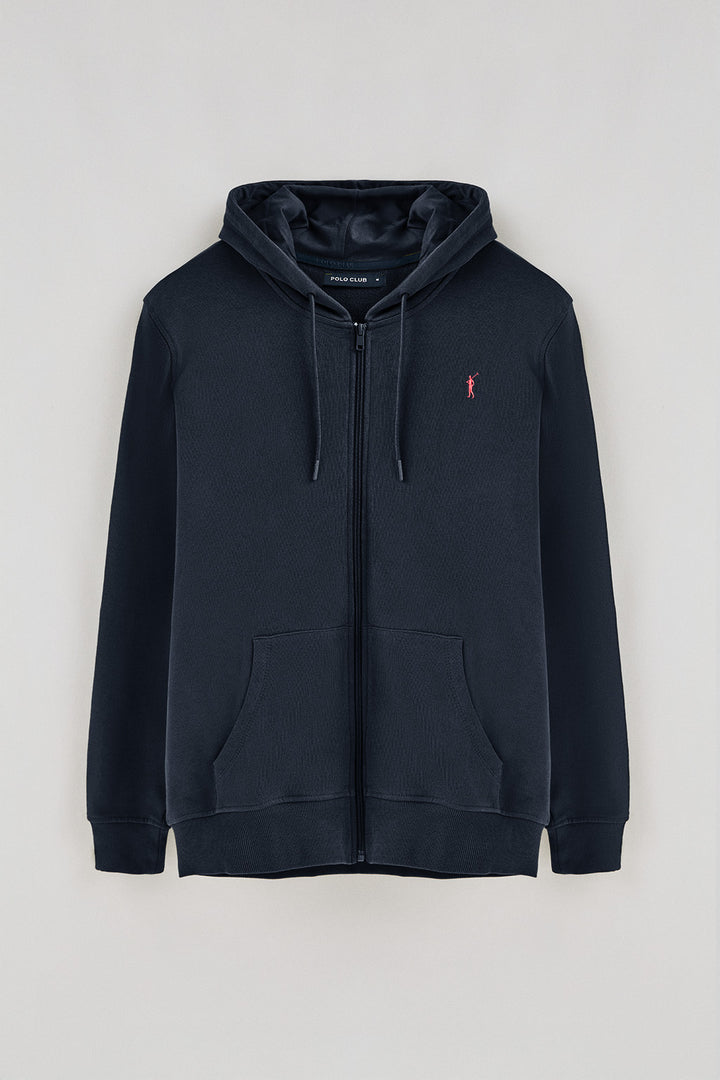 Navy-blue zipped hoodie with Rigby Go logo