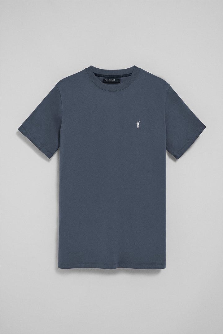 Denim-blue round-neck T-shirt with Rigby Go embroidery