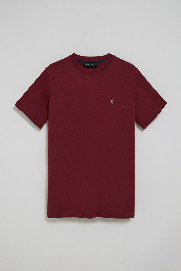 Maroon round-neck T-shirt with Rigby Go embroidery