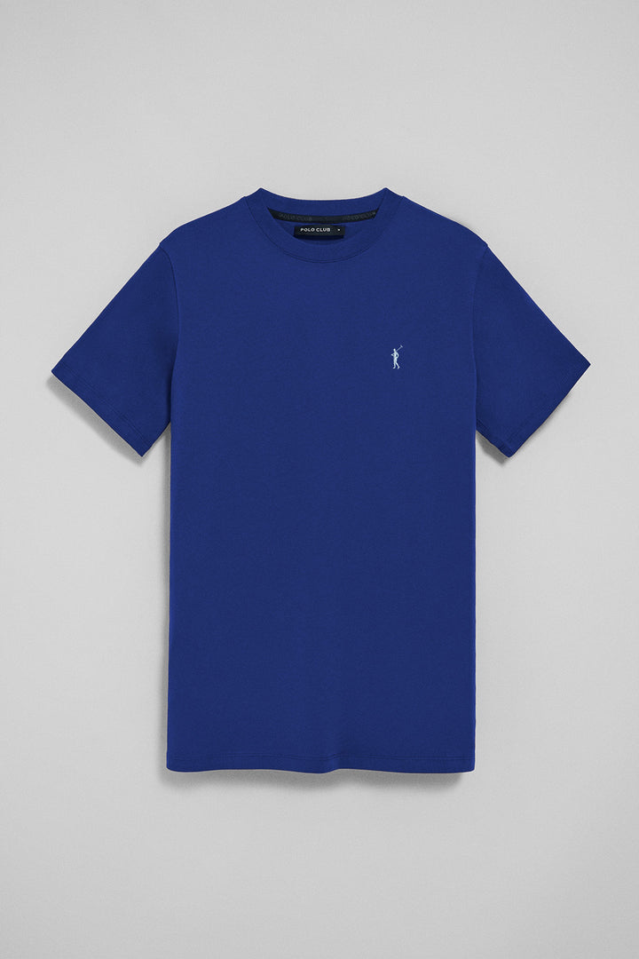Royal-blue round-neck T-shirt with Rigby Go embroidery