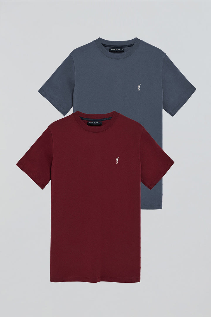 Round-neck T-shirt with Rigby Go embroidered logo 2 pack (denim blue and maroon)